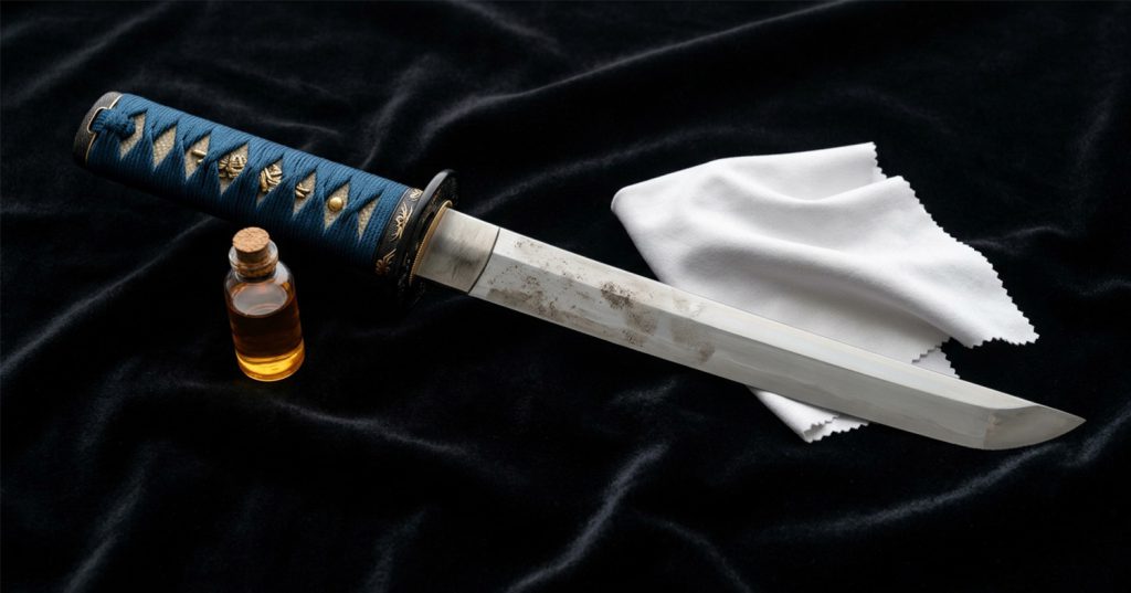 تمیزکاری آلودگی سطحی از روی تیغه تانتو ژاپنی
